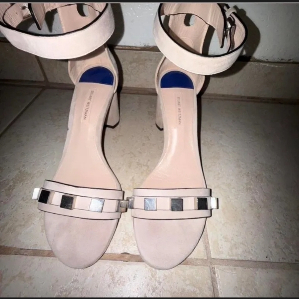 Stuart Weitzman Studded Suede Block Heel SIZE 8 Nude